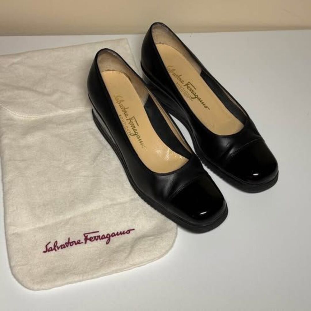 Salvatore Ferragamo Nalia Black Leather Patent Cap Toe Wedge Pumps 6B